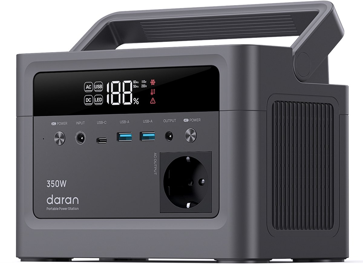DaranEner Cubus350L draagbare powerstation, 288Wh LiFePO4-batterij, 350W zuivere sinusgolfuitgang, 700W piekvermogen, 80W zonne-energie-ingang, 45W USB-C PD, dubbele 18W USB-A, 60W DC5521-uitgang, voor kamperen, reizen en noodstroomvoorziening
