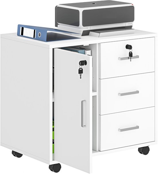 Witte archiefkast met open deur en drie lades, met een printer erop. Met wieltjes.