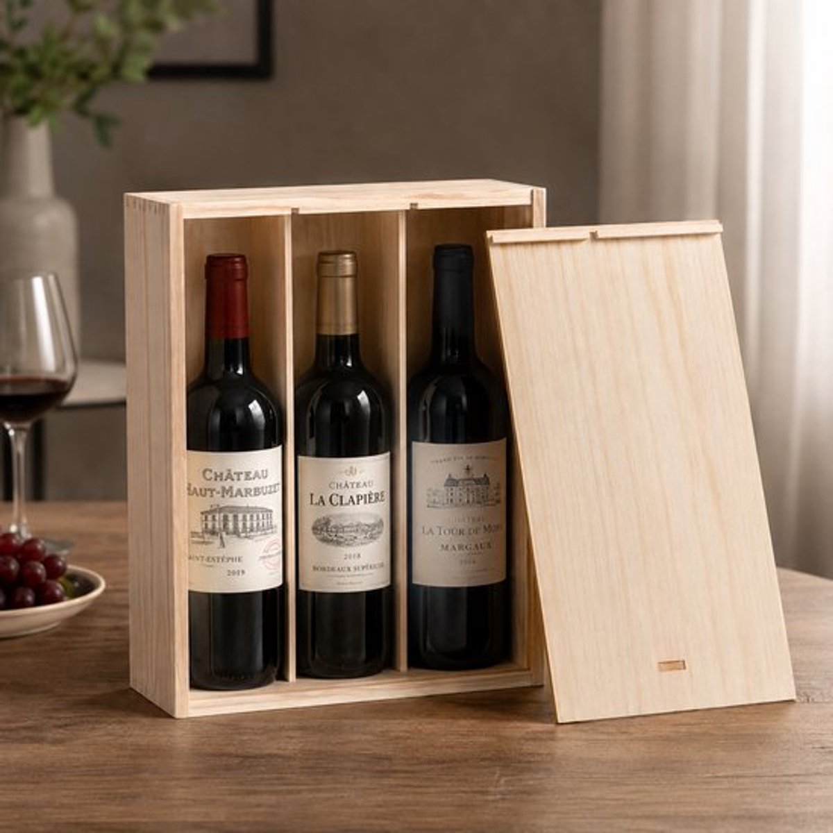 Stadsplanken Houten Wijnkist voor 3 Flessen – Met Schuifdeksel – Geschenkverpakking – Binnenmaat 34 x 29,7 x 9,5 cm - 3-vaks