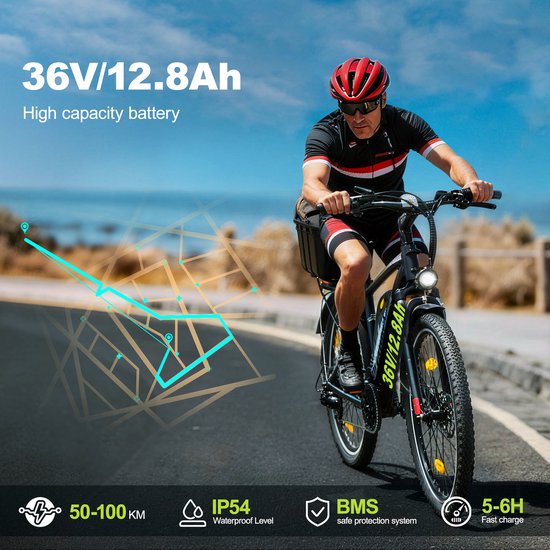 KZQ Elektrische Stadsfiets - 27.5 Inch - 250W - 36V 12.8Ah (460Wh) - Shimano 7 Versnellingen - Schijfremmen - Actieradius 40-60 km - Zwart — afbeelding 3