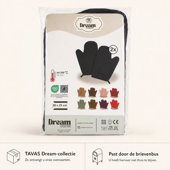 Deux moufles de four noires résistantes à la chaleur de Tavas Dream Collection, certifiées OEKO-TEX. Température maximale 250°C.