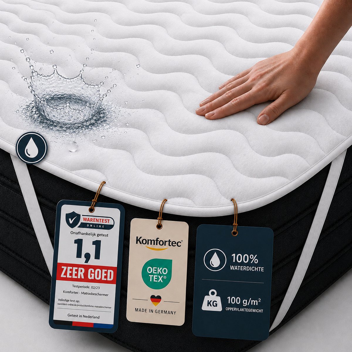 Komfortec Waterdichte Matrasbeschermer 140x200 cm met 4 Hoekelastieken - Gewatteerde Topdekmatras - Ademend - Niet-Krakend - Incontinentie Onderlegger – Wit