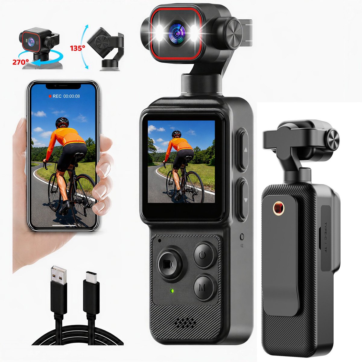 4K Mini-actiecamera met clip, 1,54 inch scherm en 140° groothoek – App-bediening, bewegingsdetectie, LED-verlichting, 1200 mAh – voor vloggen en reizen
