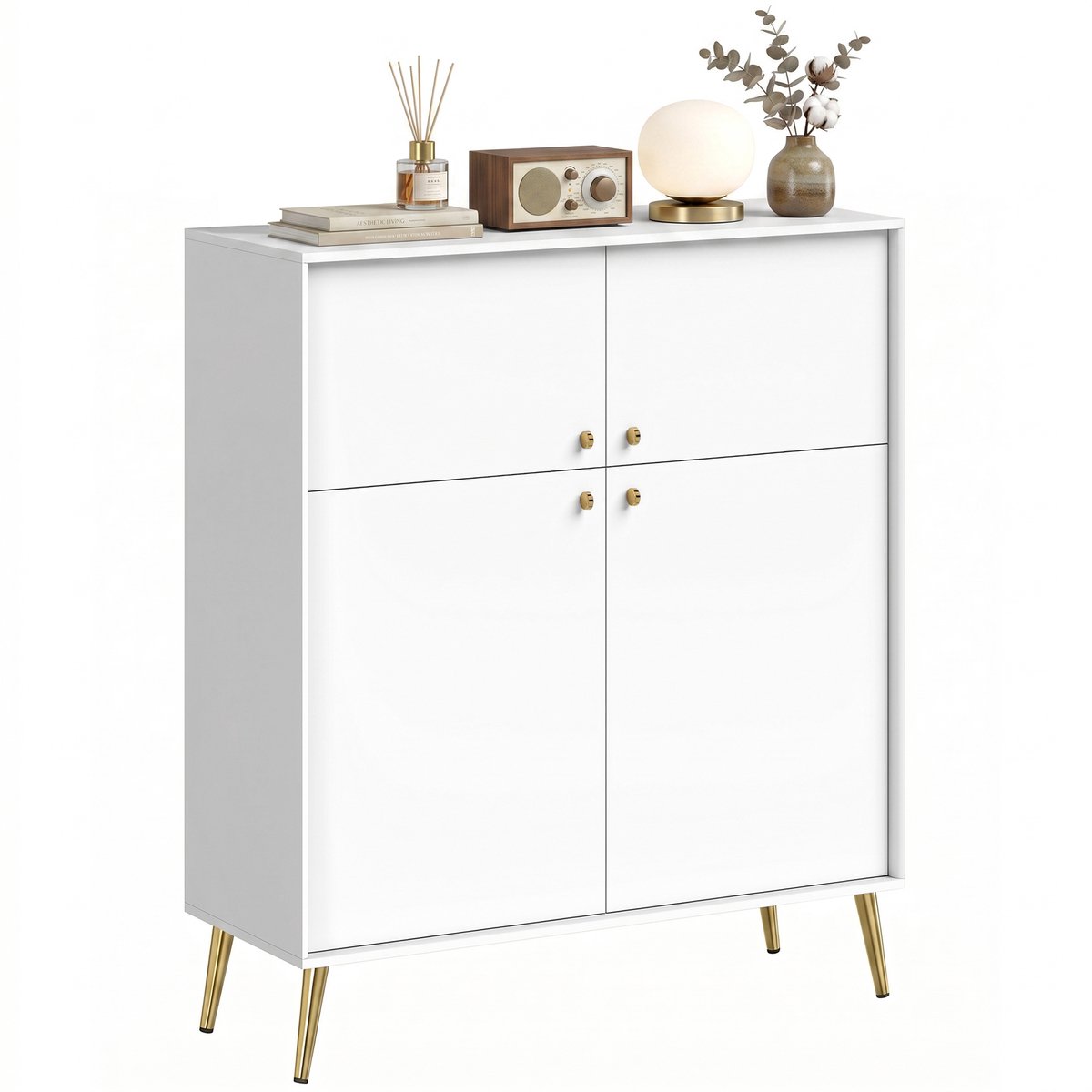 HOMCOM Sideboard-Spanplatte, Metall-105,4L x 40,5B x 122,4H cm-Cremeweiß