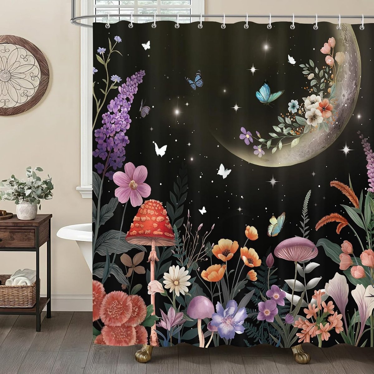 Kleurrijke Douchegordijn met Paddenstoelen en Vlinders, Waterdicht en Schimmelbestendig, 180 x 180 cm met 12 Haakjes