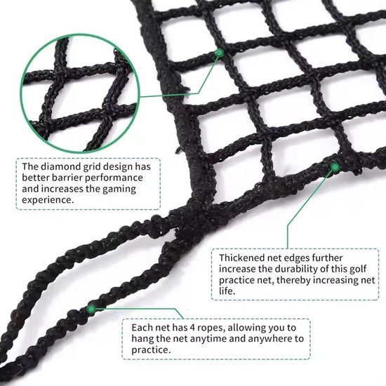 Praktisch Golf Net voor Oefeningen, 3 m x 5 m, Duurzaam Polyethyleen Net met Verstevigde Randen, Inclusief 12 Elastische Touwen en 4 Karabijnhaken, Eenvoudig te Monteren voor Garage Training — afbeelding 2
