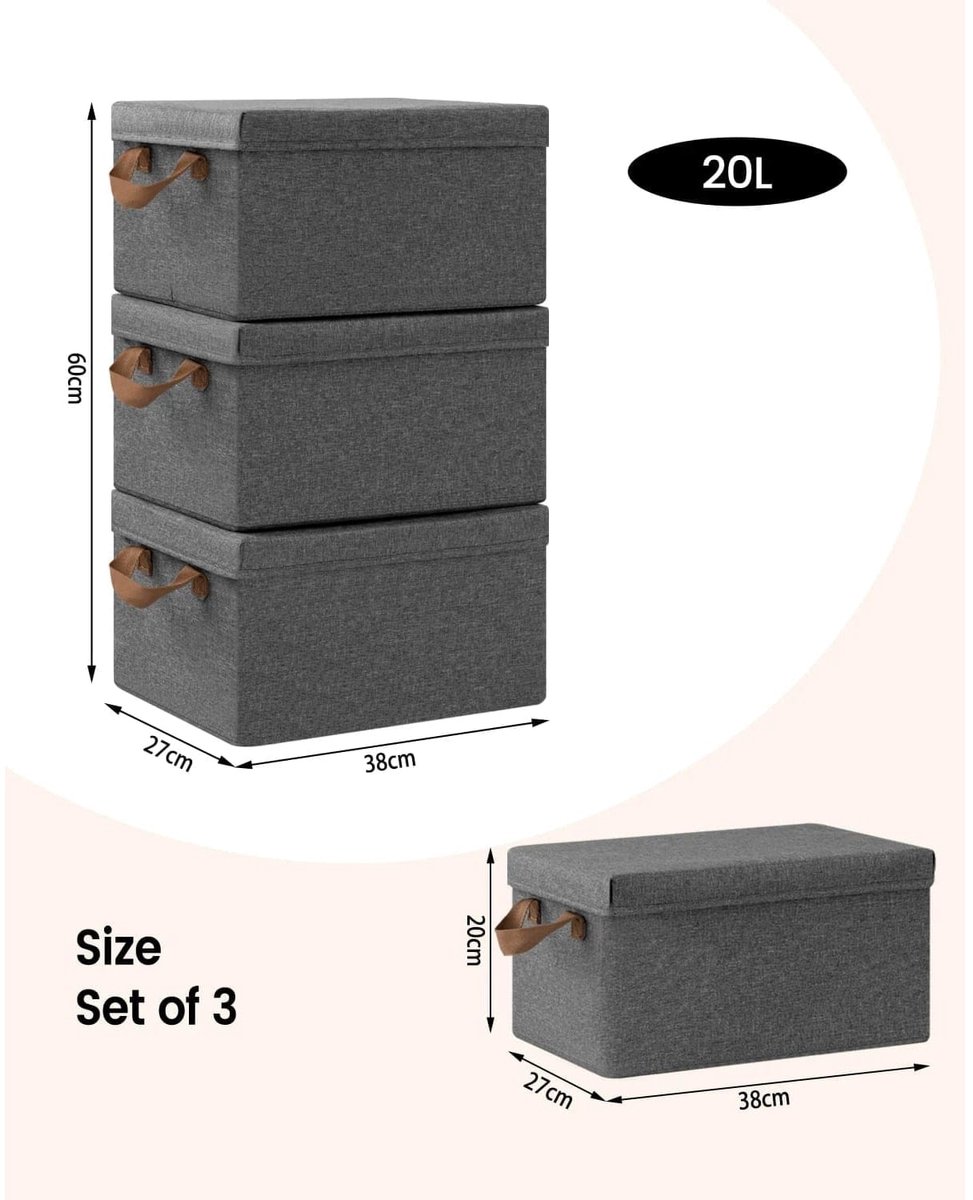 Klarven® Opbergbox Set 20l (3 stuks) - Opvouwbaar met handvaten - Ruimtebesparing voor kleding en speelgoed