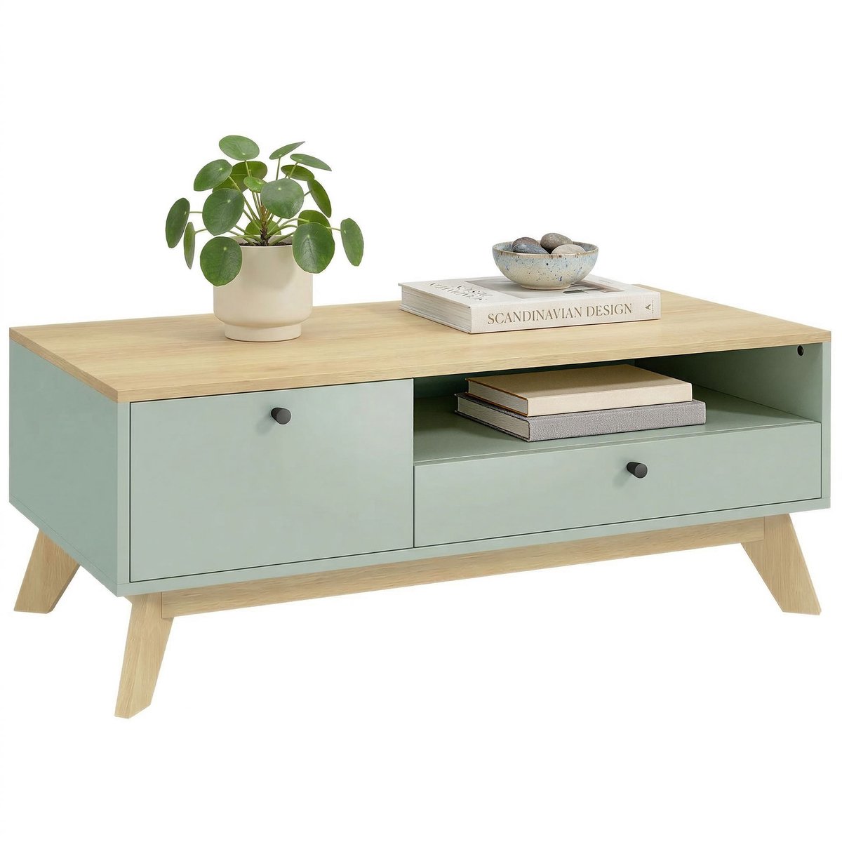 Salontafel - Met Lades - Open Vakken - 100x50x40 cm - Lichtgroen en Eikenhout