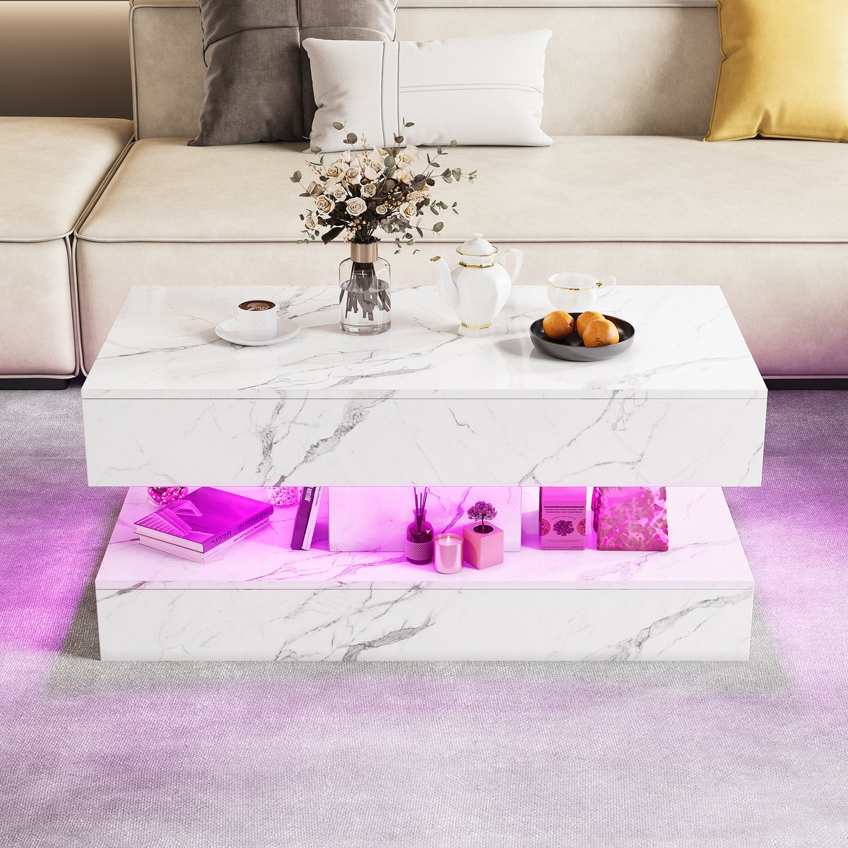 Yelenaro Hoogglans Salontafel, koffietafel met LED-verlichting, Marmerlook, Moderne Salontafel met Open Planken, Geschikt voor Woonkamer en Kantoor, 100 x 50 x 45 cm, Wit