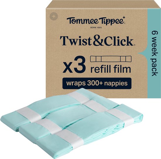 Boîte de film de recharge Tommee Tippee Twist & Click x3. Ci-dessous, 6 rouleaux de film bleu clair enroulés, chacun avec une bande blanche.