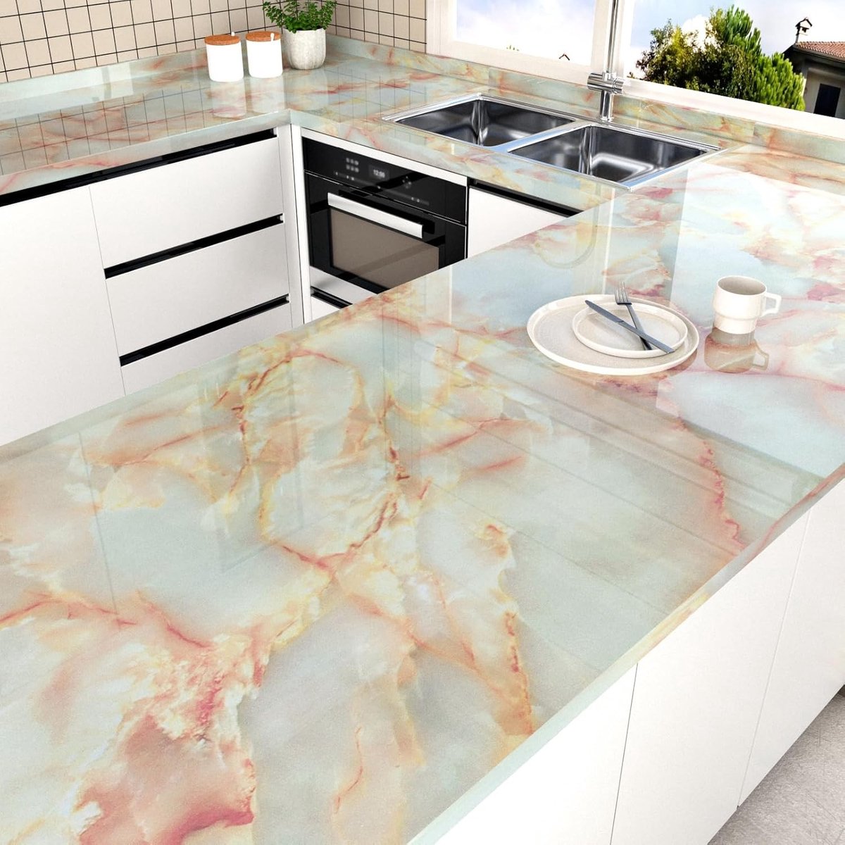 Zelfklevend Marmer Effect Vinyl voor Keukenwerkbladen en Meubels - Waterdicht, Wasbaar en Duurzaam 40 x 200 cm
