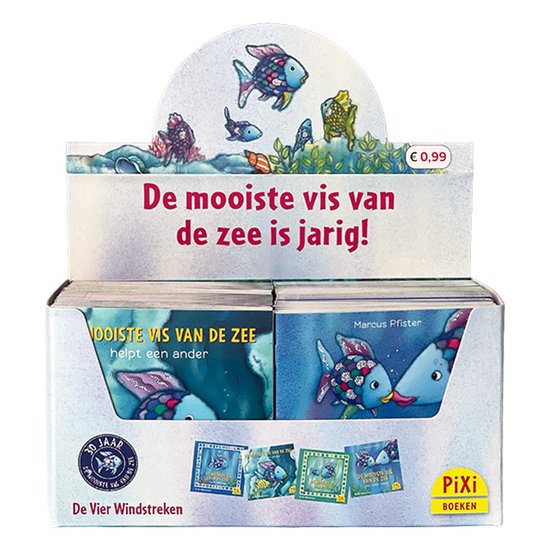 Pixi-display met boeken 'De mooiste vis van de zee'. Bovenkant toont titel en vissen. Onderkant bevat vier boeken: 2x 'helpt een ander', 1x 'gaat lekker slapen' en 1x 'leert het ABC'.