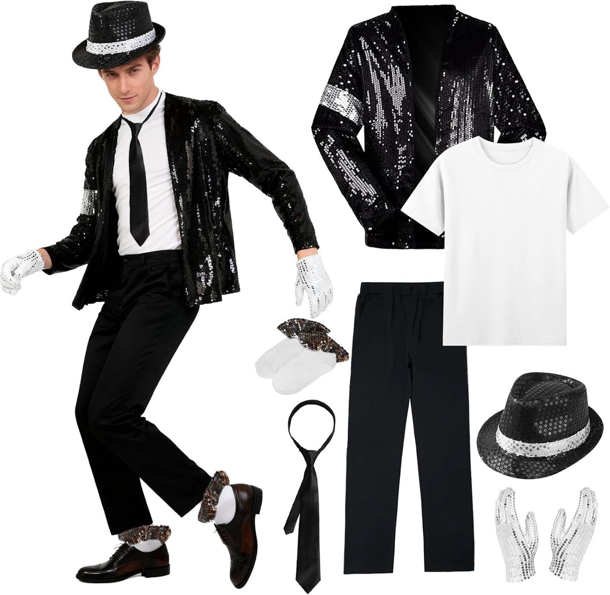 Kostuum voor Volwassenen als Popster uit de Jaren '80 met Jazz Sequins Hoed, Jas, Broek en Accessoires voor Halloween en Carnavalsfeest