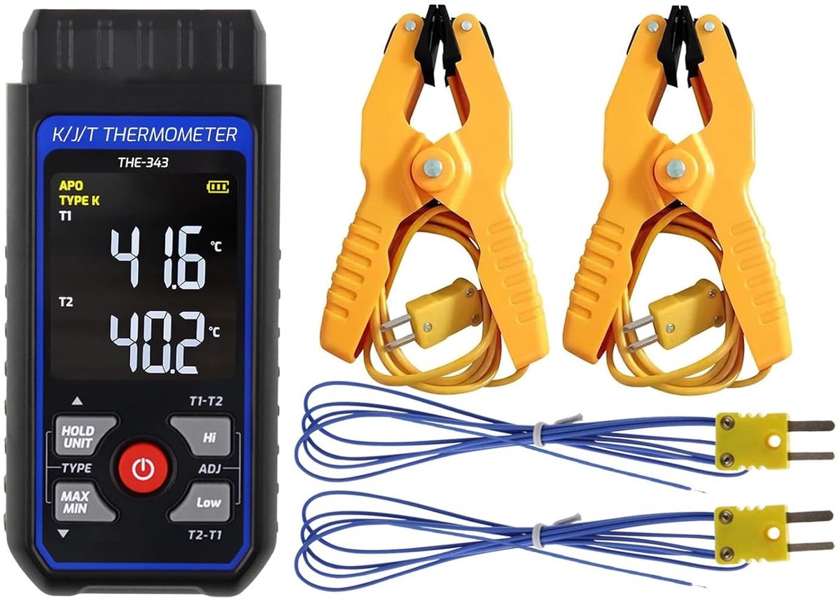 Aanlegthermometer - Zwart - Dubbel Kanaal - Thermokoppel met Temperatuurklemmen en Alarm - Voor HVAC en Industrie