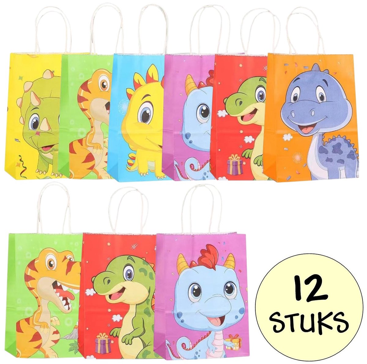 12x Papieren Uitdeeltasjes Dinosaurus Baby - 15x8x21cm - Stevig Papier - Traktatie Zakjes - Papieren Tasjes - Cadeau Zakjes - Uitdeelzakjes - 6 Verschillende Motieven - Kraftpapier - 12 Stuks
