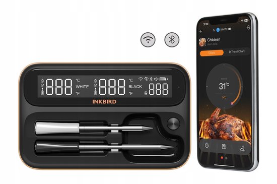 Inkbird BBQ thermometer met twee sondes en een smartphone met app, toont 'White' 888°C, 'Black' 888°C en 888°C. Zwarte behuizing met gouden rand.