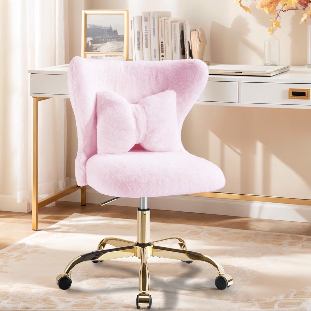 Bureaustoel - Roze - 60 x 53,5 x 77-88 cm - Kunstbont met Wieltjes en Kussen - Voor Thuiskantoor en Make-up