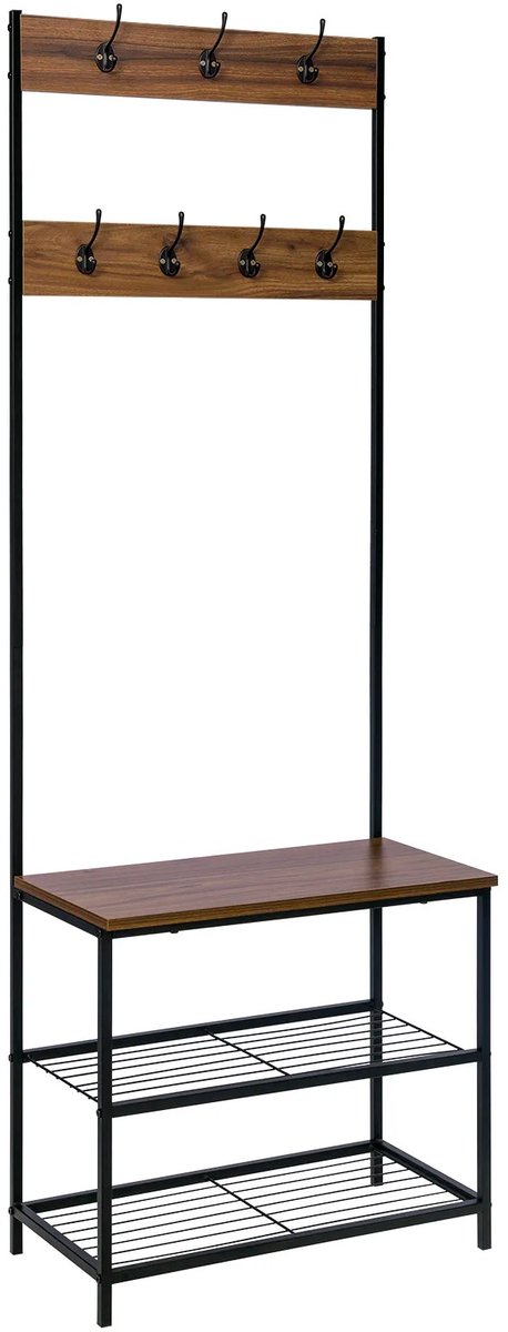 Heidat kapstok - Bruin zwart - & haken - 3 planken - Jassen en Schoenen rek - Garderobekast - Kledingrek - 60x31.5x170 cm