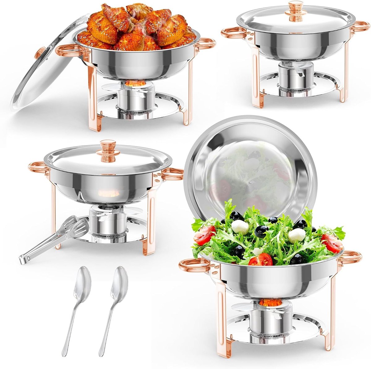 Chafing Dish Set van 4 - 5 Liter Ronde RVS Buffet Warmhouders - Roségoud - Exclusieve Warmhoudschalen met Dekselhouder - Voor Catering, Bruiloft, Hotel & Feesten - Rose Gold