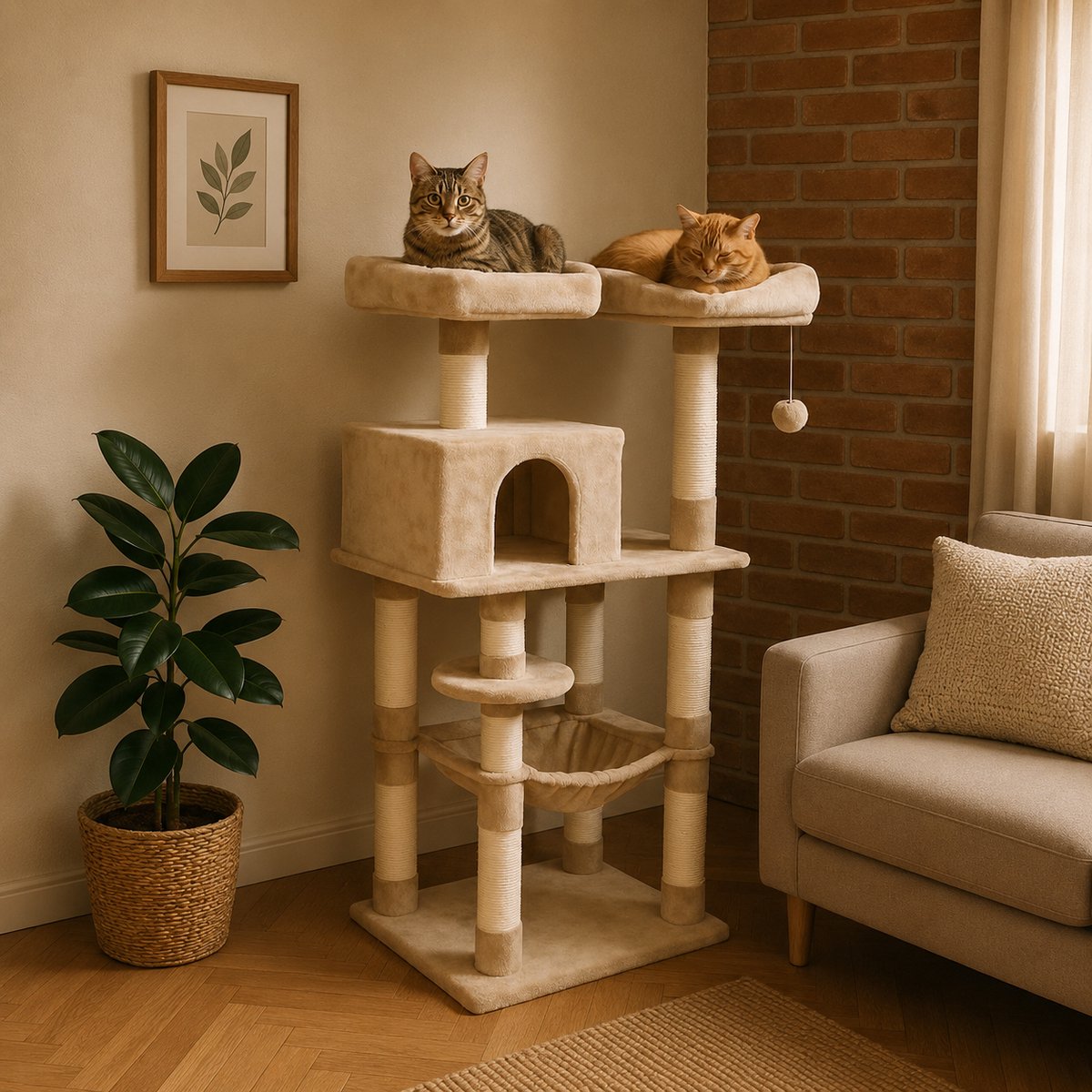 Bobbel Home - krabpaal - 143 cm - stabiele krabpaal met kattenhuis - Kattenkrabpaal - Beige
