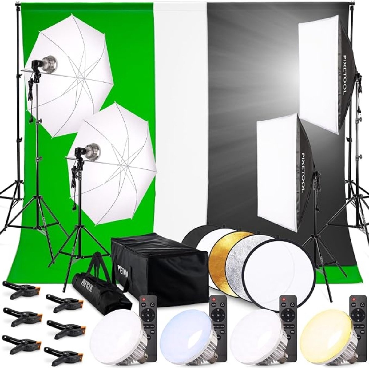 Fotostudio Set met Softboxen en Achtergrondsysteem, Professionele Studioverlichting met Green Screen, 4 LED-lampen en Afstandsbediening