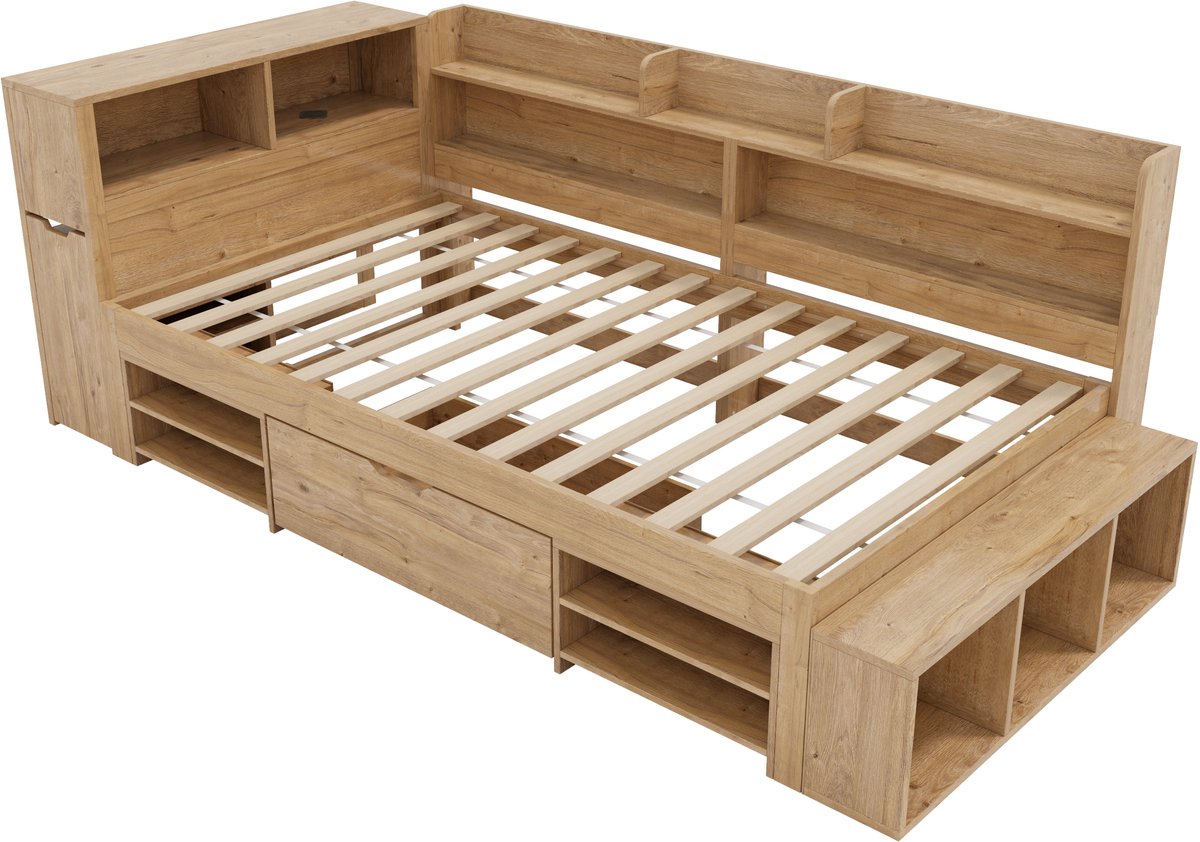 MUVANO Kinderbed 90x200 - Opbergbed met lades - Eenpersoonsbed naturel - Met boekenplank - 90x200 cm - Draadloos opladen - Slaapkamer Naturel