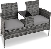tectake® Wicker Tuinbank met Tafel - 2-zits - 131 x 61 x 82 cm - Bank inclusief Kussen - Grijs - 2 Tuinstoelen in 1 Tuinmeubel