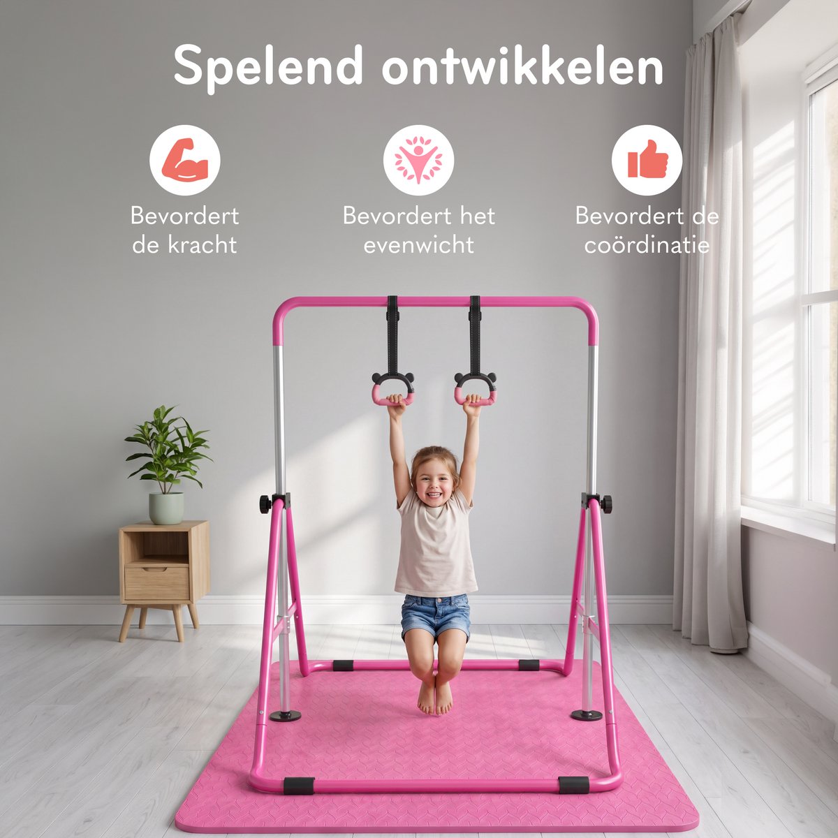 Jespro Inklapbaar Turnrek - Incl. Beschermmat en Ringen - Klimrek - Verstelbaar in 4 hoogtes - Rekstok - Duikelrek - Kinderen - Peuter - Voor buiten en binnen - Klimboog - Roze — afbeelding 3