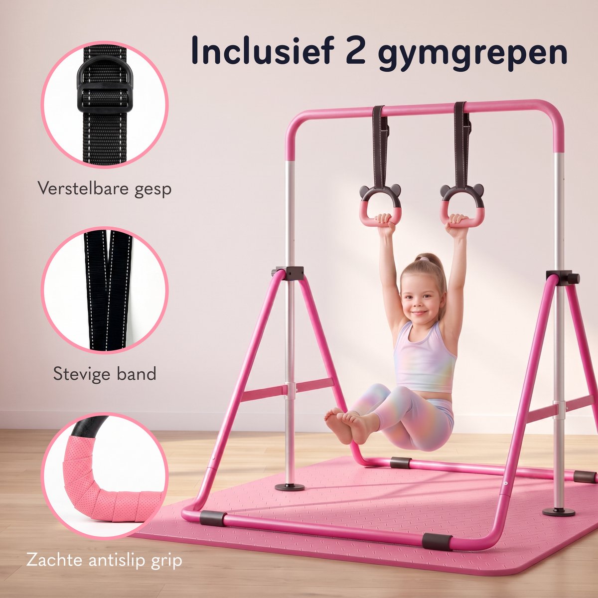 Jespro Inklapbaar Turnrek - Incl. Beschermmat en Ringen - Klimrek - Verstelbaar in 4 hoogtes - Rekstok - Duikelrek - Kinderen - Peuter - Voor buiten en binnen - Klimboog - Roze — afbeelding 5