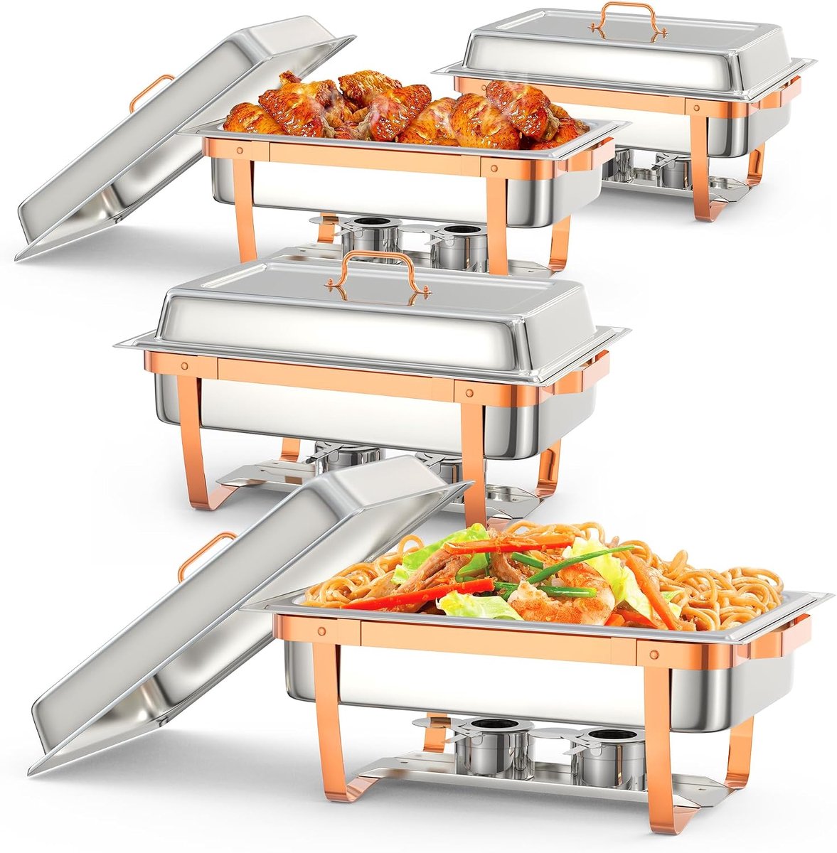 Chafing Dish Set van 4 - 8 Liter Rechthoekige RVS Buffet Warmhouders - Inklapbaar & Ruimtebesparend - Met Deksel, Opscheplepel & Tang - Warmhoudschaal voor Catering, Buffet, Horeca & Feesten - Zilver