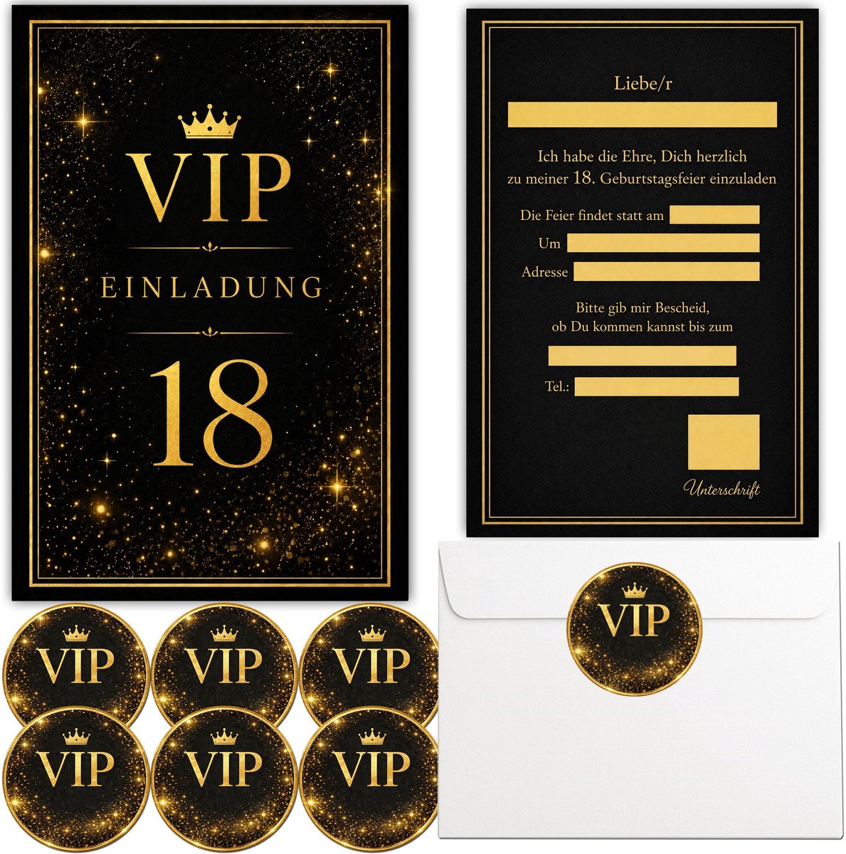 Happenings Uitnodigingskaarten 18e verjaardag VIP, 8 stuks met enveloppen en stickers, zwart goud, elegante - ShopVlot