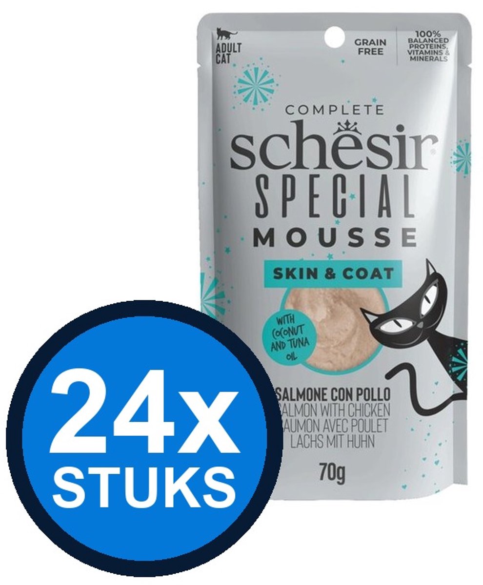 24x Schesir Special Skin & Coat Mousse - Zalm & Kip - Kattenvoer Natvoer - 70g