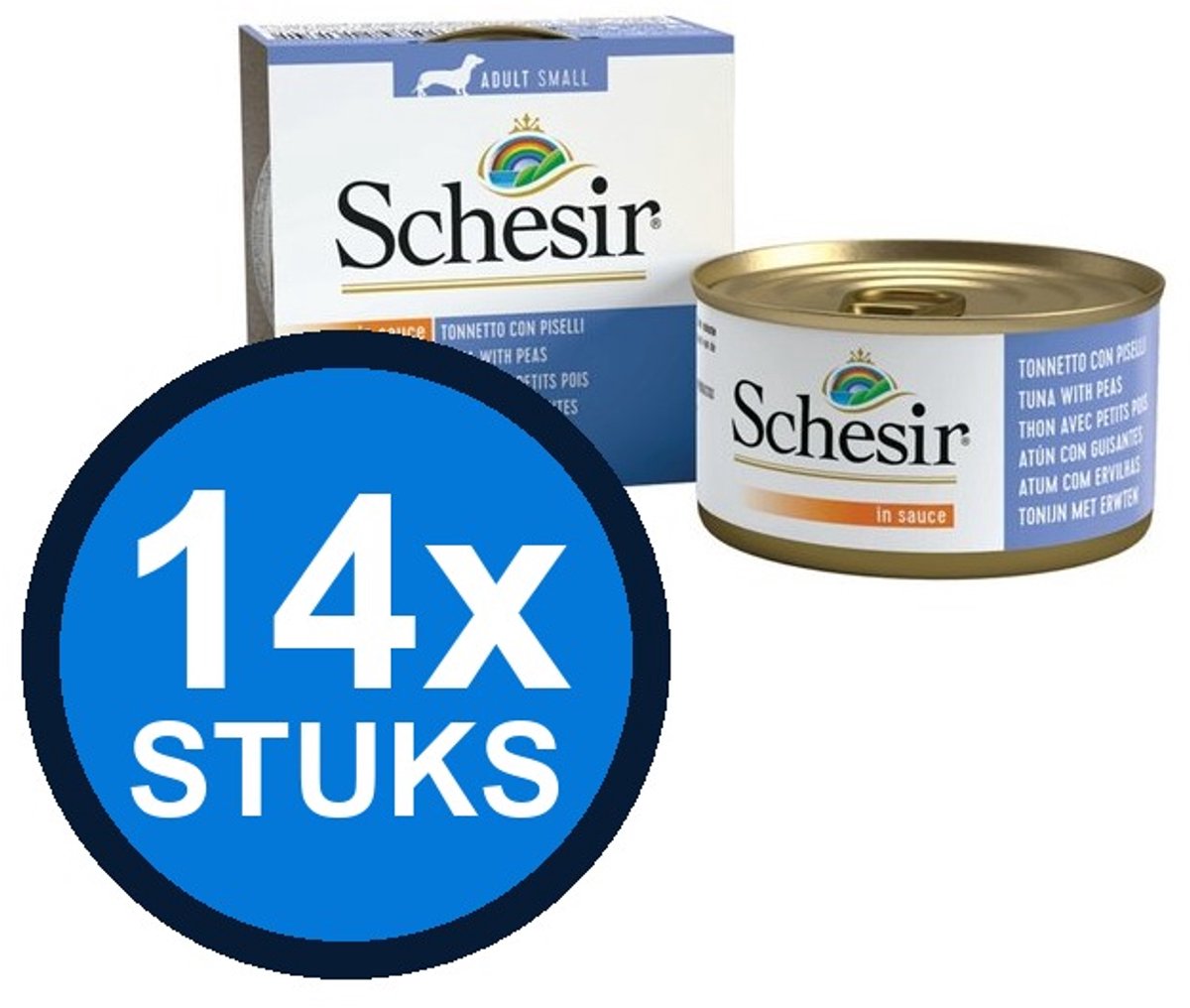 14x Schesir - Hondenvoer - Natvoer in blik - Saus Tonijn & Erwten - 85g