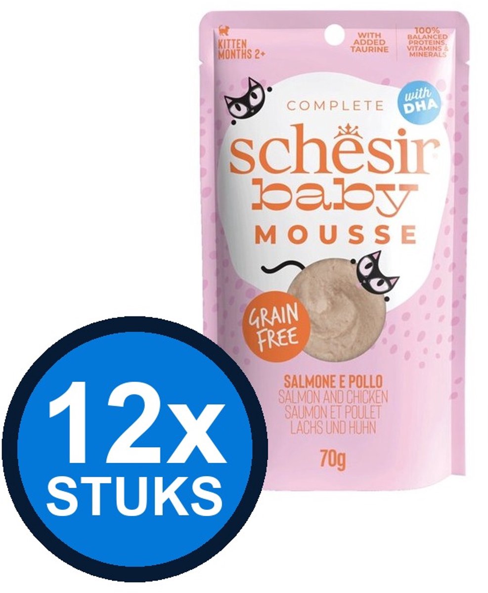 12x Schesir Baby Kitten Mousse - Zalm & Kip - Kattenvoer Natvoer - 70g
