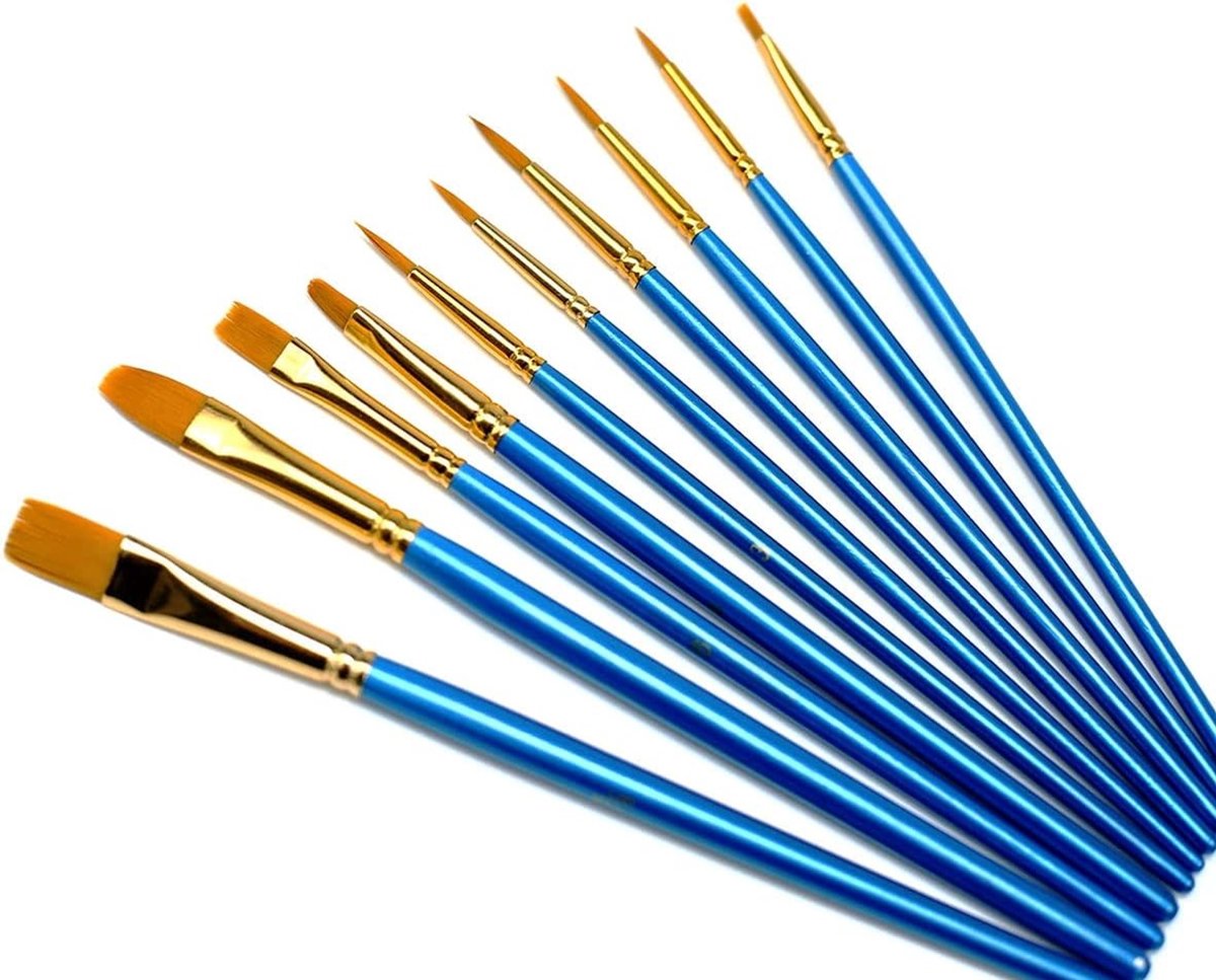 Set van 10 Multifunctionele Verfkwasten voor Acryl- en Olieverf - Houten Handvatten, Nylon Borstels voor Kunstenaars en Schilderen