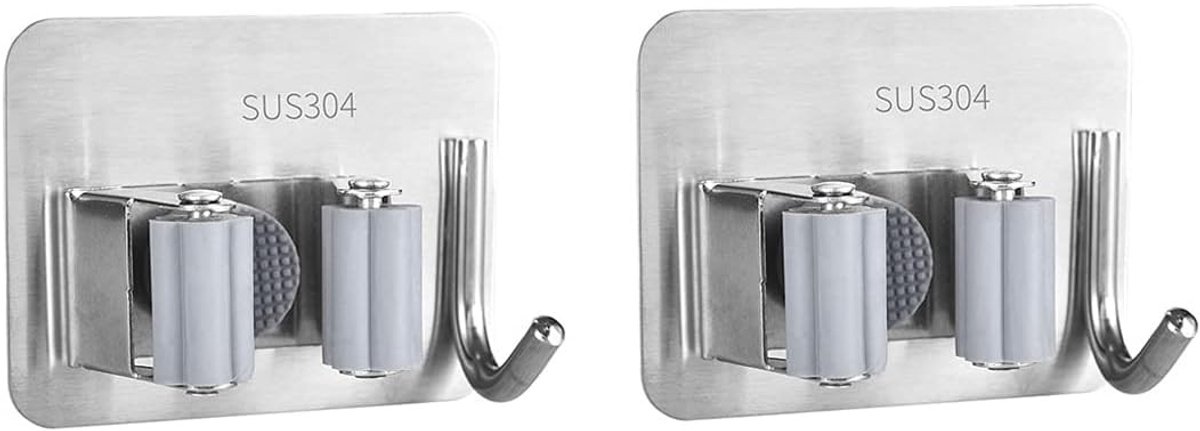 2-Pack RVS Moppen en Bezemhouder met Haak, Zelfklevende Wandbeugel voor Keuken, Tuin en Garage Organizer