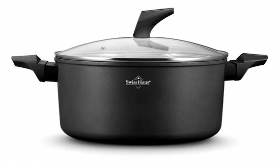 Swiss Haus® LC24B Braadpan Inductie met Deksel - Ø 24 cm / 5.0 Liter Soeppan - PFAS Vrij - Braadpannen Voor Alle Warmtebronnen - Pan Met Sapphire™ Antiaanbaklaag - Zwart
