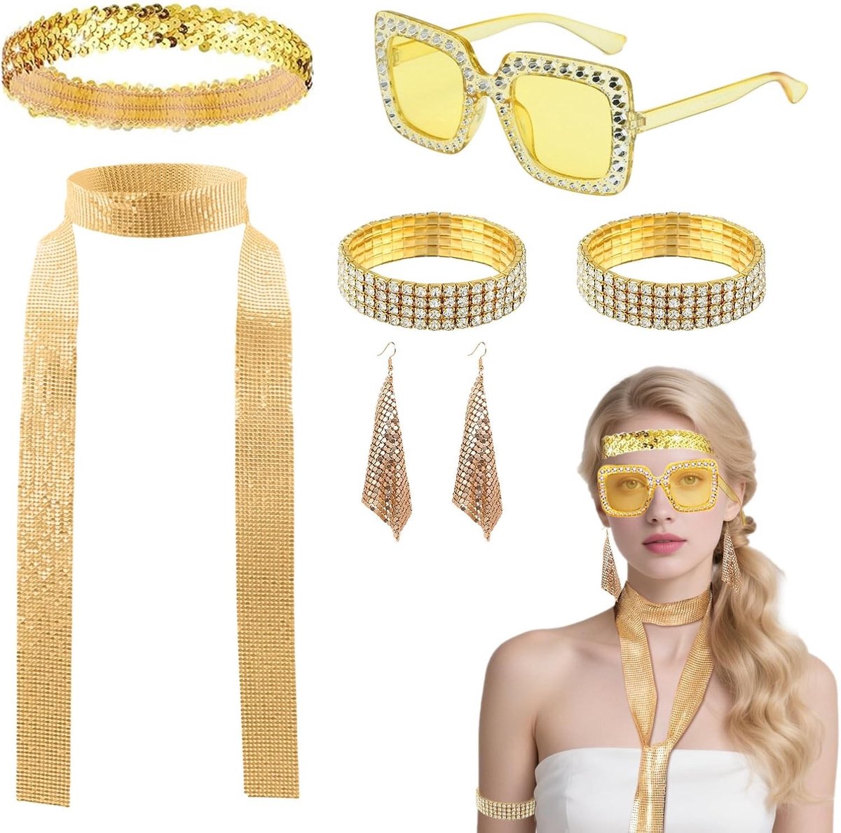 Disco kostuum set met 7 accessoires voor vrouwen - 70s stijl met brillen, haarband, ketting en meer voor een retro feest of themafeest