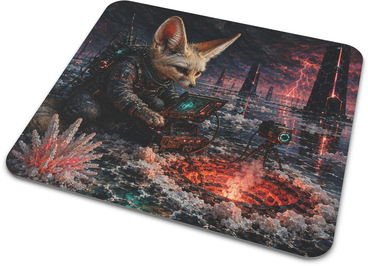 Muismat Fennek Woestijnvos Cyberpunk Woestijn Schattige Vos Kristal Sensor Sci-Fi Kunst Bureau Onderlegger voor Thuiswerk en Gaming 22x20 cm