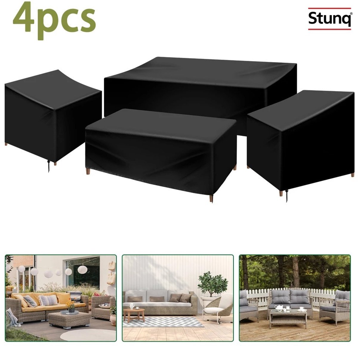 Stunq 4-delige waterdichte terrasmeubilair hoes set - Oxford stof met trekkoord Zwart