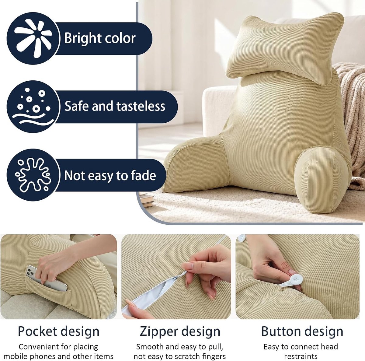 Ergonomisch rugsteunkussen met armleuning voor optimaal comfort tijdens lezen, tv kijken en ontspannen op bed of bank