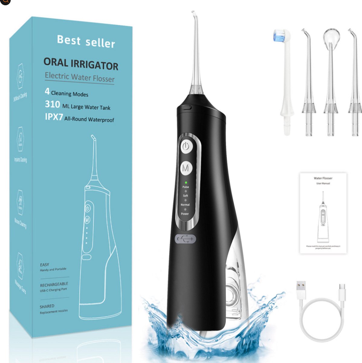 COVREO Elektrische waterflosser met 4 standen – 24x8x7 cm – Mondspoeler met 310 ml watertank – met 4 opzetstukken – Zwart