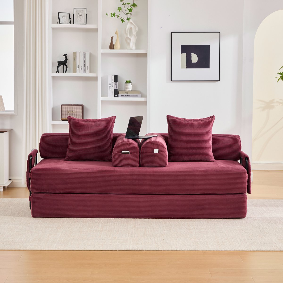 COVREO Slaapbank met modulair ontwerp – 200x94x67 cm – Zitbank van corduroy en metaal – met zijvak en 3 kussens – Wijnrood