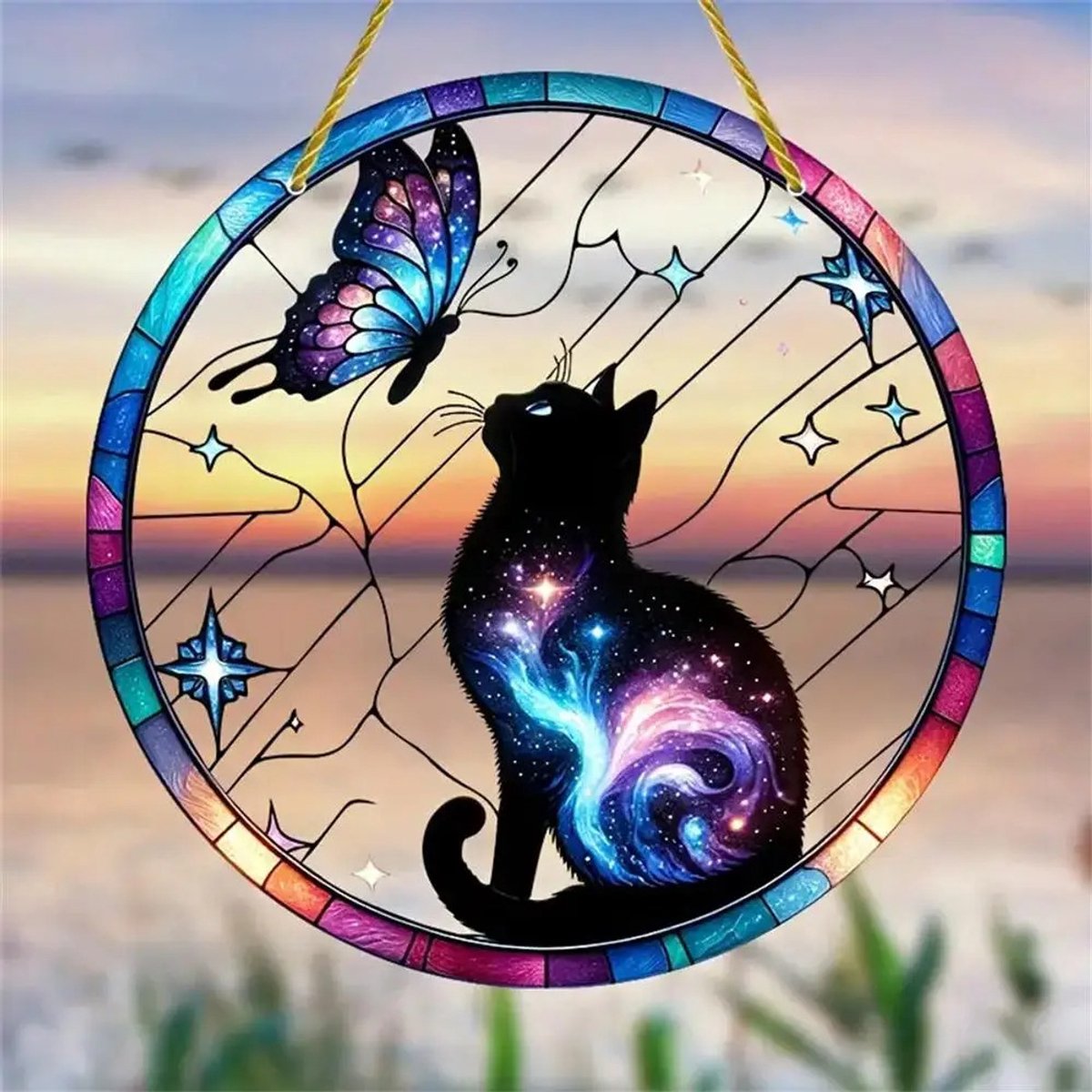 Suncatcher Kat & Vlinder - Acryl Raamdecoratie Hanger - Glas-in-lood Stijl - 8 cm - Kersthanger & Zonnevanger