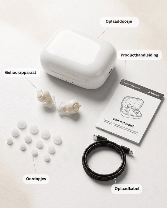 Inhoud van de verpakking: beige hoortoestellen, oordopjes, oplaadcase, producthandleiding en oplaadkabel.