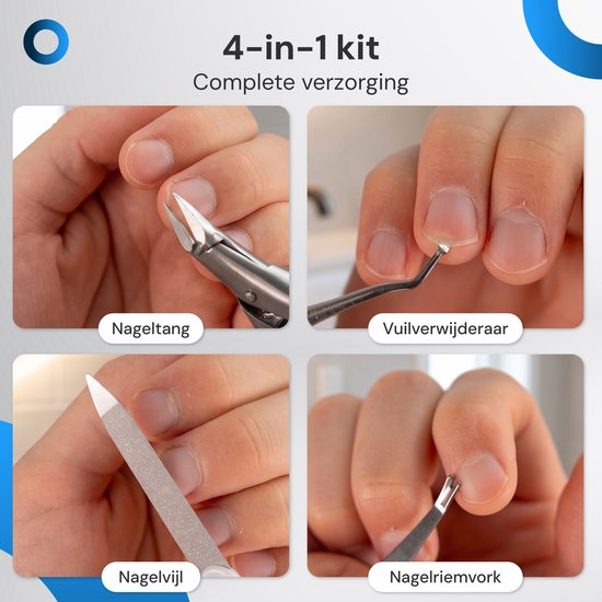 Vier beelden tonen de 4-in-1 nagelset: een close-up van nagels die worden geknipt met de nageltang, vuil verwijderen met de nagelreiniger, nagels vijlen met de nagelvijl en de nagelriem verzorgen met de nagelriemvork.