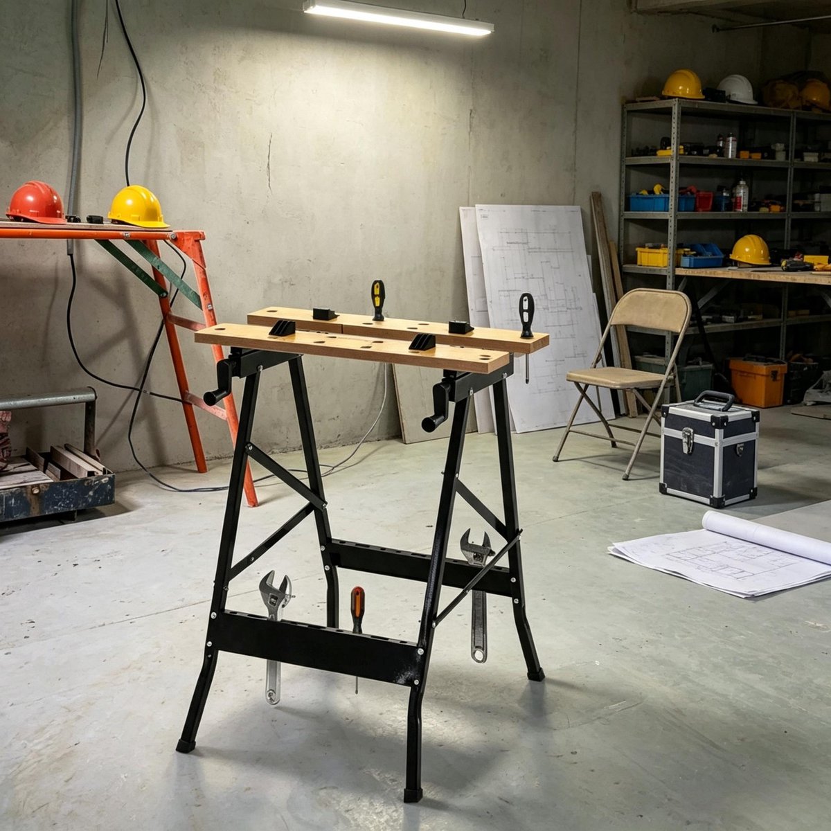 REDOM - Opvouwbare werkbank - MDF werkblad - Stalen frame - Meetlat en gradenboog - Gereedschapssleuven - Metaal en MDF - Zwart en naturel - 62,5 x 60,5 x 78,5 cm