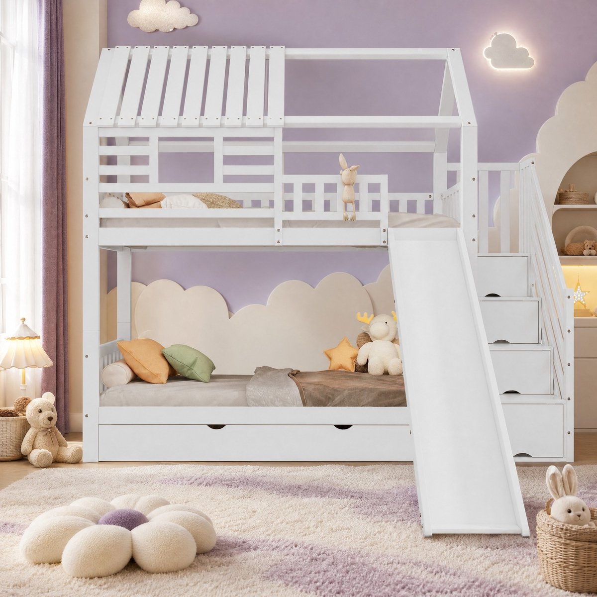 COVREO Stapelbed met glijbaan – 254x216x221 cm – Huisbed van Hout en MDF – met opbergruimte en lade – Wit - zonder matras