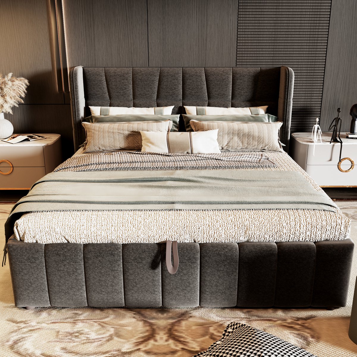 Clruro Opbergbed - 180x200 cm - Pneumatisch - Lattenbodem en Rugleuning - Linnen - Grijs