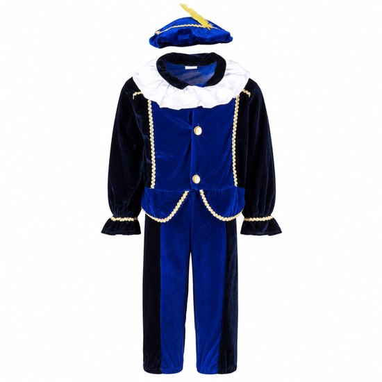 Een blauw fluwelen pietenpak met gouden biesjes, witte rucheskraag en bijpassende baret met gele pompon.